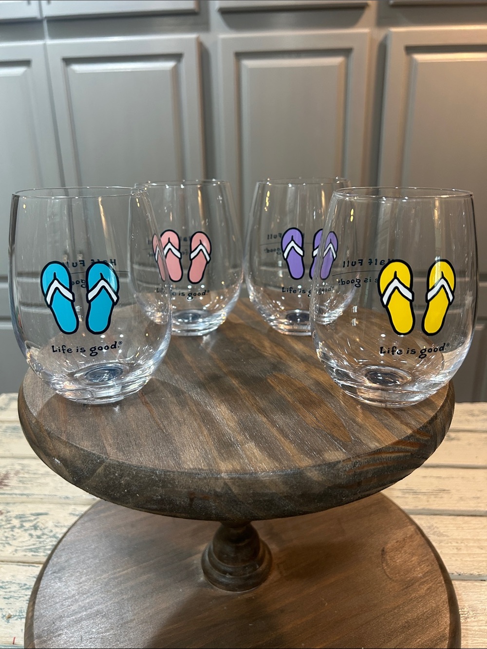 Set of 4 Life is Good Flip Flop Stemless Wine Beverage Glasses 16oz.